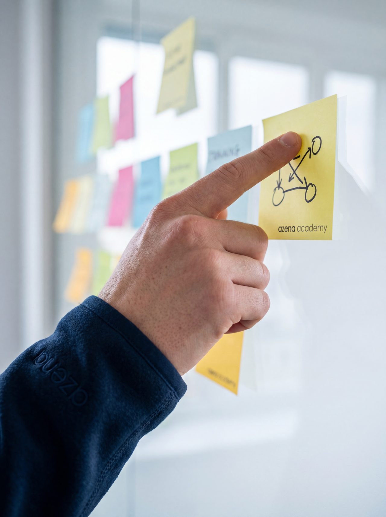 Post-its und handschriftliche Notizen auf Glasboard, Workshop