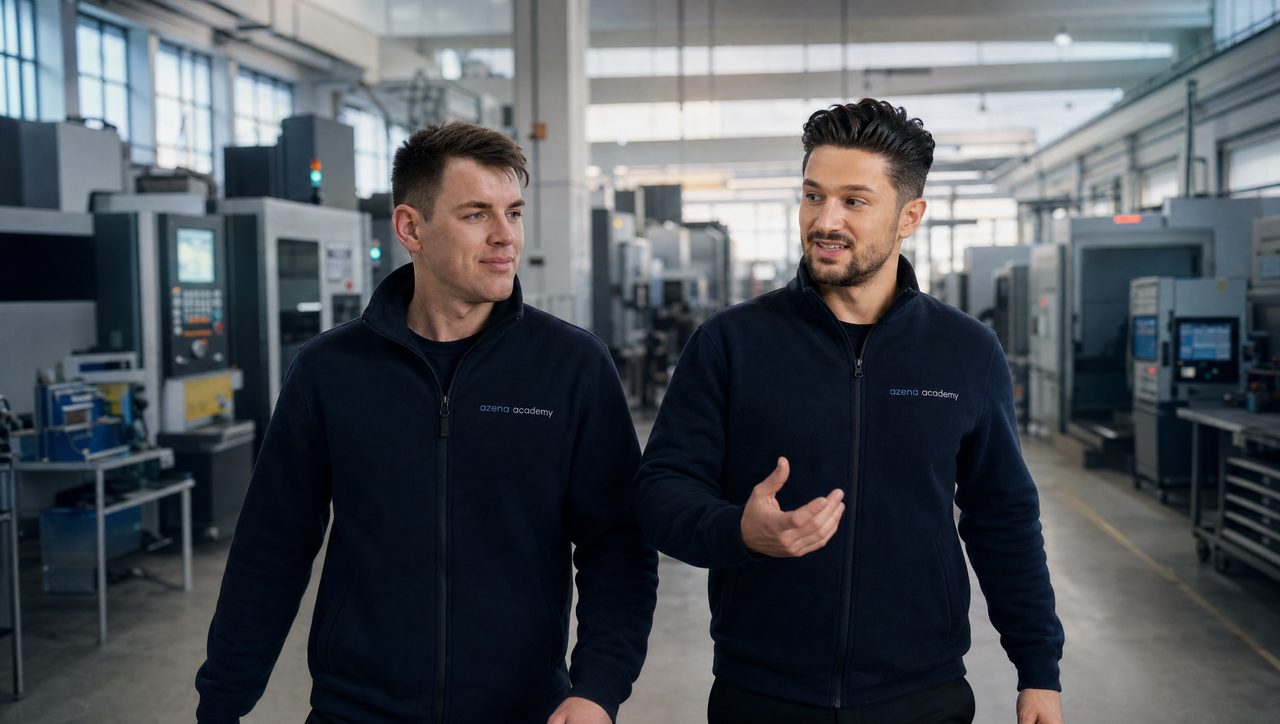 Zwei Männer in Industriehalle vor CNC-Maschinen