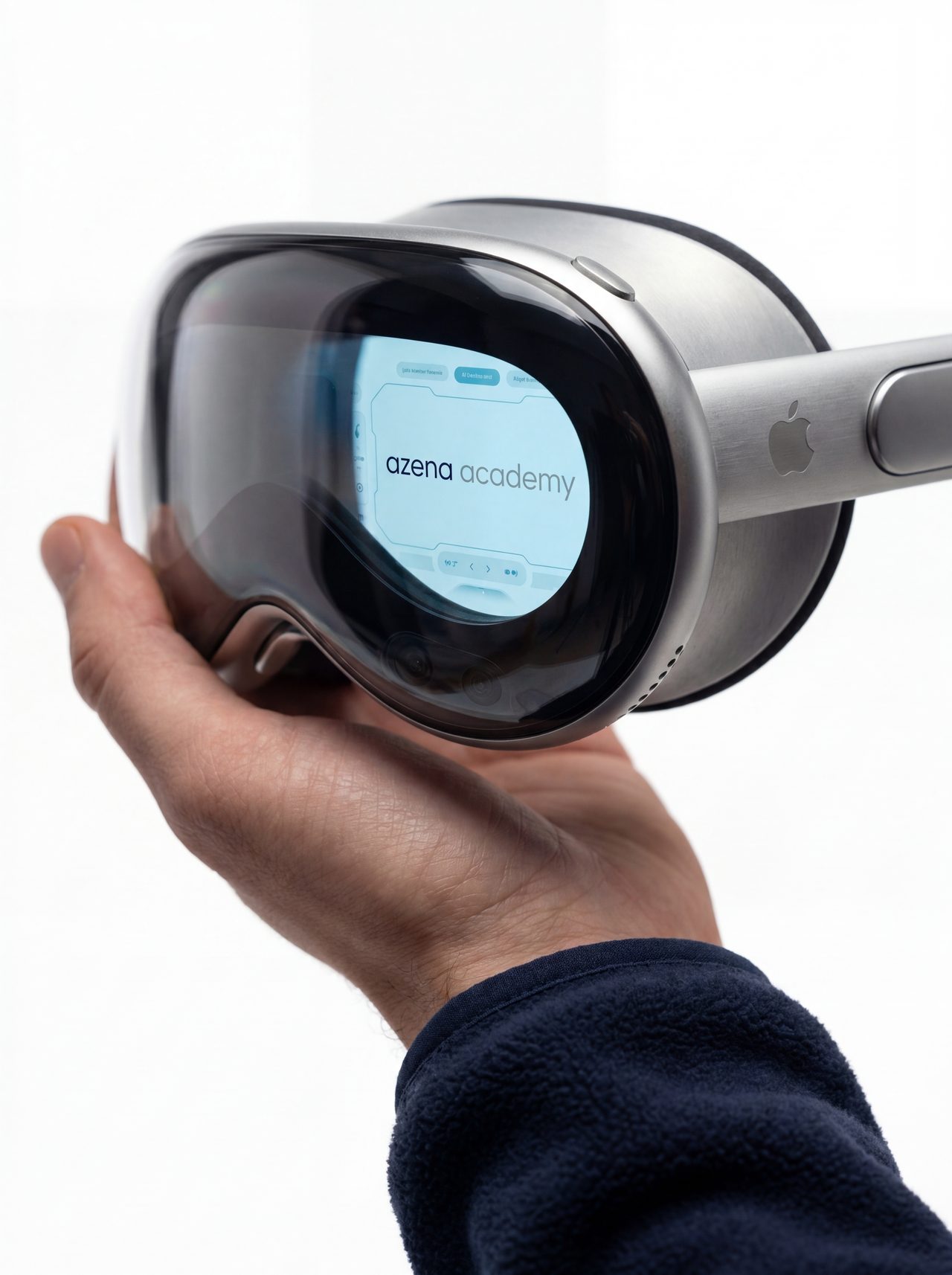 Apple Vision Pro mit Azena-Dashboard in der Linse — KI-Use-Cases visualisiert vor dem Investment