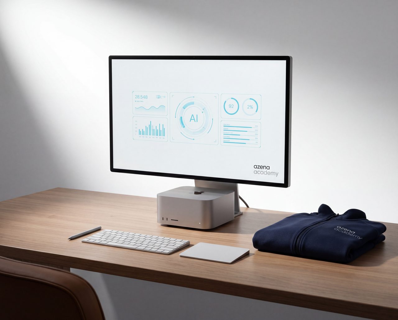 Mac Studio auf modernem Schreibtisch, klare minimalistische Umgebung