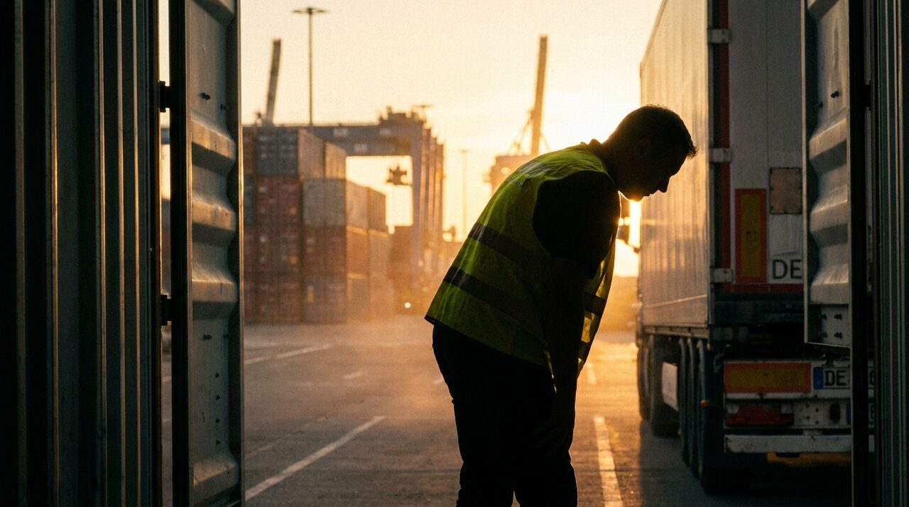 LKW-Operations: Trucker an der Rampe in der Morgendämmerung